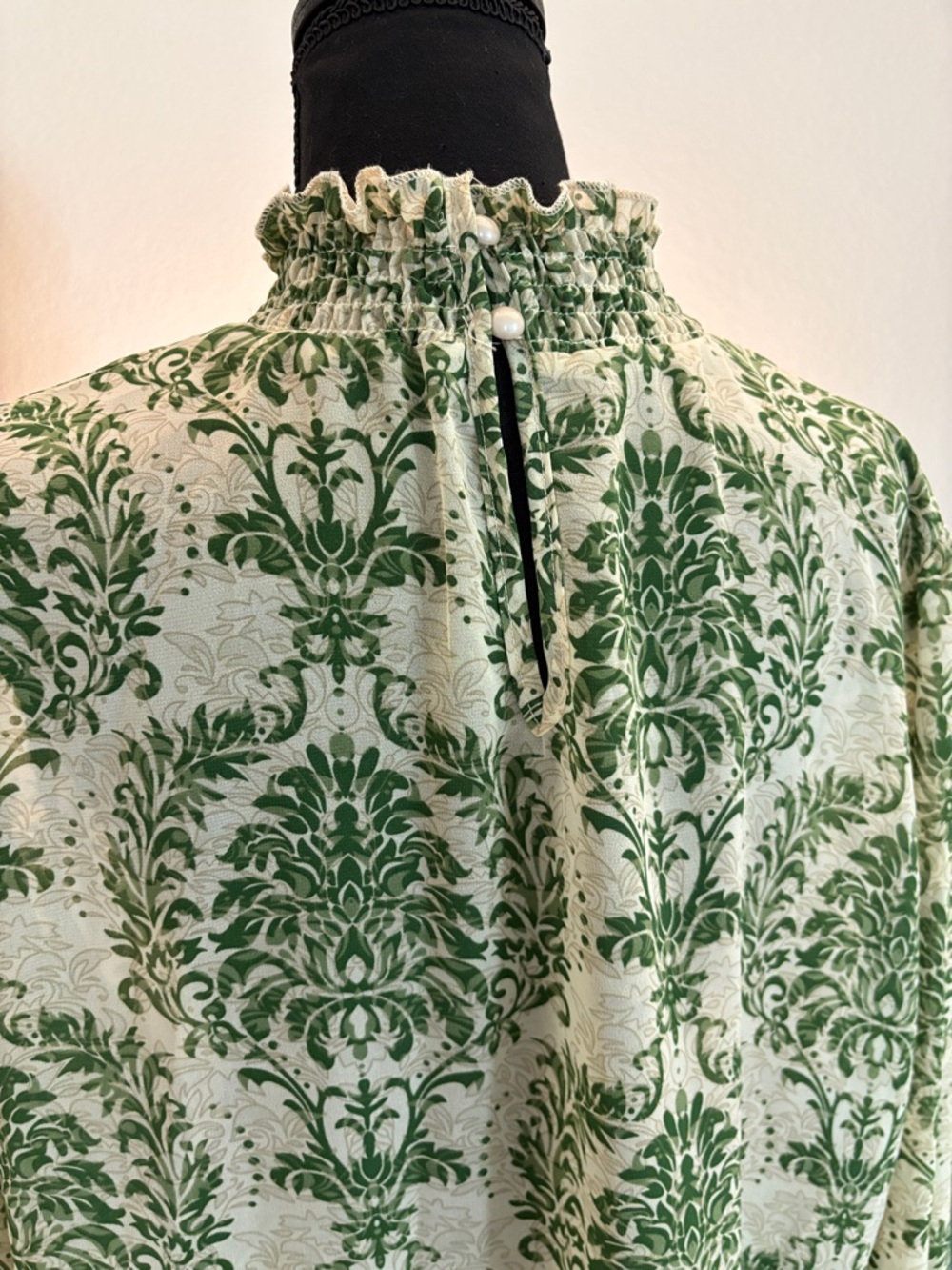 Green Damask Print Long Sleeve Smocked Neck Blouse - Picture 4 of 4